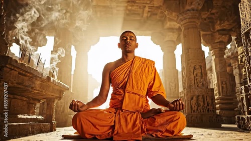 Serene monk in bright orange robes meditating peacefully inside ancient stone temple ruins with sun rays illuminating the scene and gentle smoke rising creating a spiritual and tranquil atmosphere