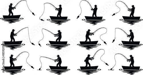 Set of fishing silhouette icons showing angler casting rod from boat, minimal black vector illustrations for outdoor sport design