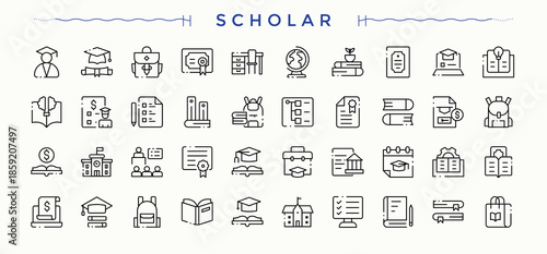 Set of Scholarship line icon. Academic minimalist icons collection. Minimalist icons collection. College icon set. Vector illustration. Pixel perfect.