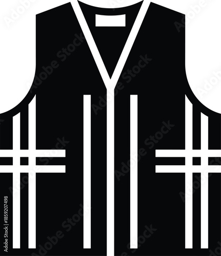 Safety vest silhouette icon with reflective stripes, black vector illustration for construction, workwear, industrial safety, and protective equipment design