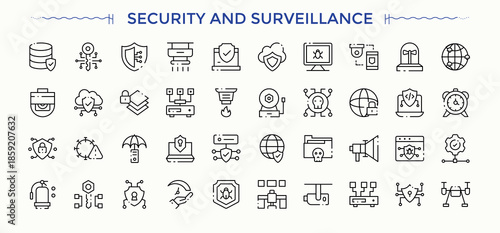 Security And Surveillance icon set. Contains outline symbols like guard, cctv, safe, lock, secure and more. Protect icon set. Modern linear icons. Editable stroke.