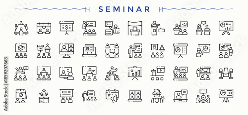 Seminar linear icon set. Outline icons pack. Vector collections. Discussion modern icon set. Contains outline symbols like education, meet, conference, presentation and more.
