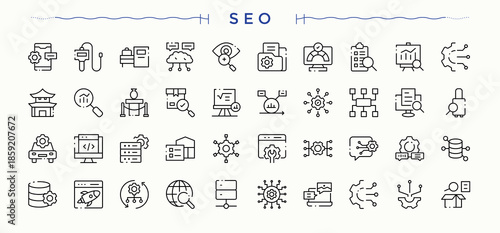 SEO icon set. Minimal icons pack. Web modern icon set. Contains such icons as optimization, promotion, marketing, search engine, keyword and more.