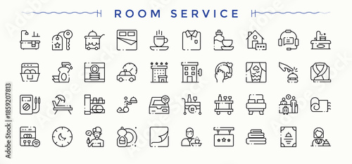 Room Service icon set. Care icon set. Minimal icons pack. It contains symbols to room, service, building, care and more. Signs for web and mobile app.