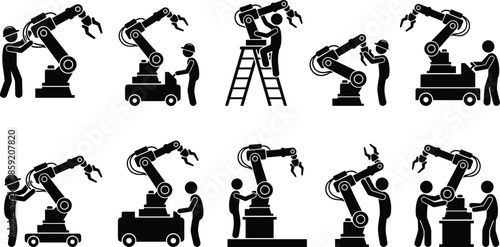 Industrial robotic arm maintenance icon set with human workers, black silhouette vector illustrations for automation, manufacturing, and engineering workflows