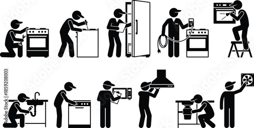 Home appliance repair technician icon set showing kitchen equipment installation and maintenance, black silhouette vector illustrations for service design
