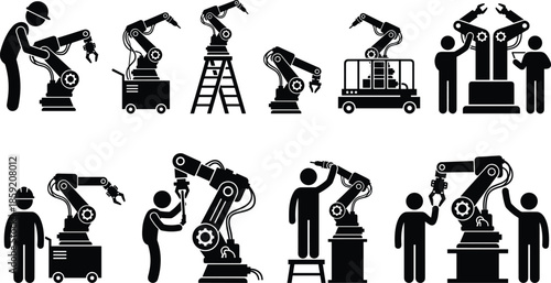 Industrial robot maintenance silhouette set showing technicians servicing robotic arms, black vector icons for automation, manufacturing, and engineering concepts