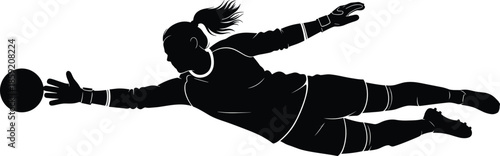 Black silhouette of female soccer goalkeeper with white outlines diving to catch ball, vector illustration of woman football player isolated on white, sport.