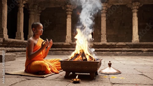 Young Buddhist Monk Meditating Beside a Sacred Fire Ritual in an Ancient Stone Courtyard Illuminated by Warm Firelight