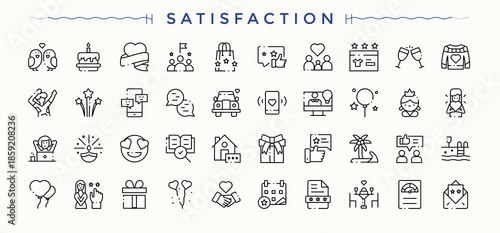Satisfaction icon set. Feedback icon. Icons for UI designs. Pictograms of experience, positive, feedback, happy, testimonial, like and more. Editable vector art and illustration.