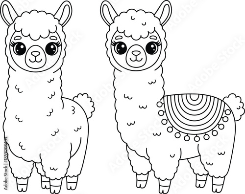 Adorable cartoon alpaca line art illustration for children coloring book, cute farm animal characters with fluffy wool and decorative blanket design.