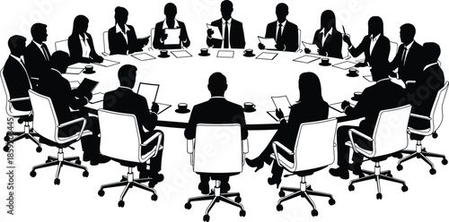 Business meeting silhouette, corporate teamwork, round table discussion, office collaboration, professional group, black and white vector, formal workplace illustration