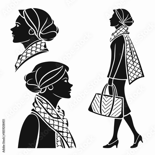 Silhouettes of women with scarves and handbag