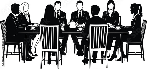 Business meeting illustration, corporate discussion, professional teamwork, rectangular table setup, coffee service, black and white vector, formal office gathering