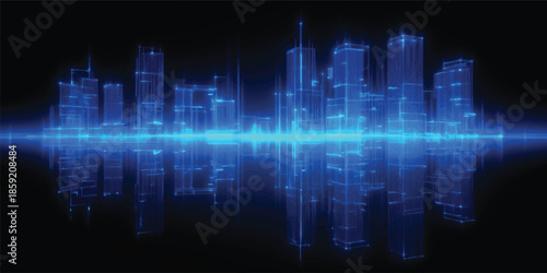 Abstract blue technology background with a futuristic digital equalizer and data line wave pattern for business design illustration