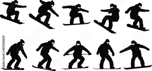 Black silhouette of snowboarder jumping and riding, set of vector illustrations of winter sports athlete performing tricks, isolated on white background, snowy action.Black silhouette of snowboarde