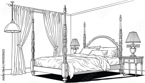 Classic bedroom interior, vintage bed design, ornate furniture, traditional decor, elegant room layout, black and white drawing, detailed vector illustration