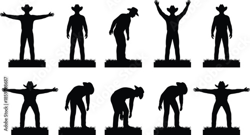 Cowboy silhouette set showing man performing different poses and gestures in black vector style isolated on white background