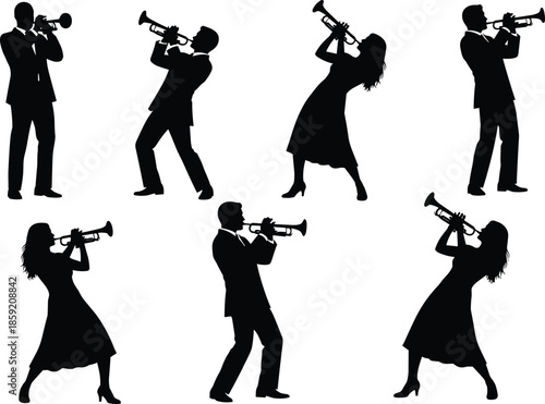 Black silhouettes of male and female jazz musicians playing trumpet in various performance poses, musical instrument vector illustration isolated on white background set