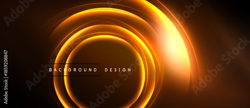 Abstract neon circles radiate from center. Warm orange hues dominate dark background. Text reads background design. Simple, modern aesthetic.
