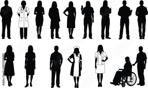 Black silhouettes of medical staff including doctors nurses and surgeons with patients in wheelchair, healthcare professional vector illustration set isolated on white background