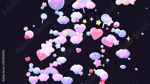 3D render cartoon rainbows, candies, stars, hearts, and clouds in the sky.