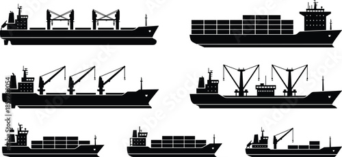 Cargo ship silhouette collection showing container vessels bulk carriers and crane ships black vector icons for maritime logistics design