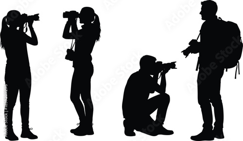 Black silhouettes of professional male and female photographers with cameras, binoculars, and backpacks, isolated outdoor travel adventure photography equipment vector illustration set