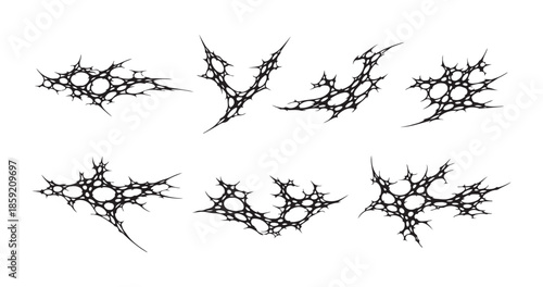 Set Pack Neo Tribal Skeletal Web Sigilism: Asymmetrical Cyber Gothic Vector, Sharp Black Lines, Abstract Bio-Organic Spider Aesthetic for Dark Metal Streetwear and Techwear Graphic Design Branding.