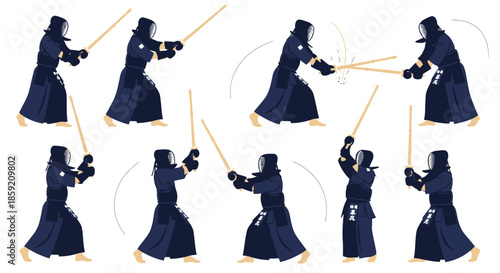 Dynamic Kendo Martial Arts Training Poses and Combat Illustration Set: Traditional Japanese Sword Fighting Practice with Shinai and Protective Gear