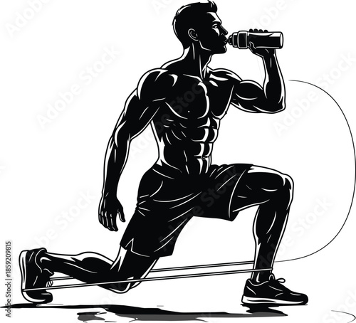 Powerful muscular athlete performing resistance band lunges while drinking water from bottle, fitness workout silhouette for gym and healthy lifestyle training.