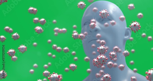 Animation of macro coronavirus Covid-19 cells floating over a 3D human face
