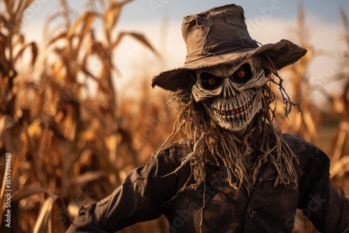 Sinister scarecrow with red eyes and sharp teeth protects corn crop at sunset