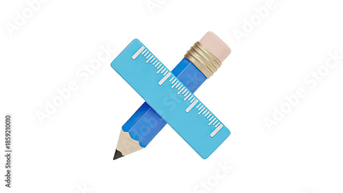 3D Render of Blue Pencil and Ruler Crossed