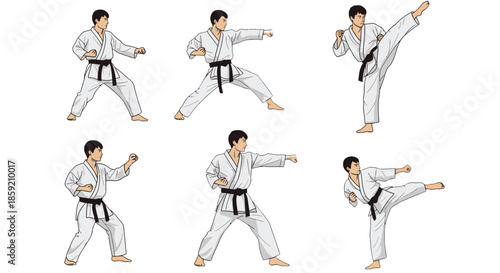 Dynamic Karate Poses Set: Man in White Gi with Black Belt Performing Various Martial Arts Kicks, Punches, and Blocks on Isolated White Background Vector Illustration