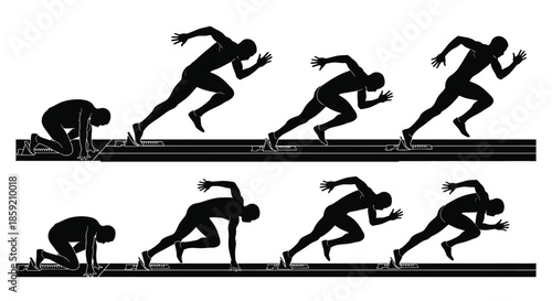 Dynamic Sprinting Progression Silhouette Set: Athlete From Starting Blocks to Full Stride, Illustrating Speed and Movement