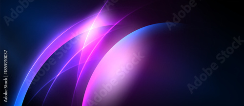Abstract design features curved lines, vibrant blues, pinks. Light radiates, creating dynamic visual effect. Dark background enhances luminosity.