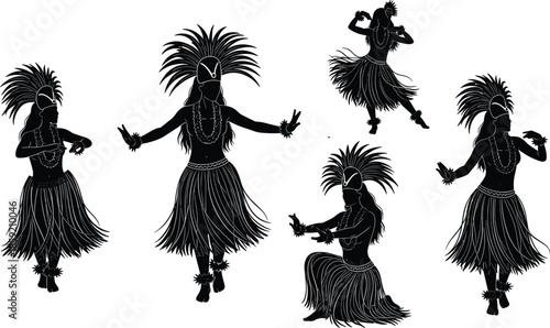 Black silhouettes of traditional hula dancers in grass skirts and feather headdresses performing Hawaiian dance, cultural tropical vacation vector illustration isolated set