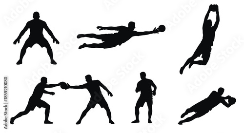 Dynamic Soccer Goalkeeper Silhouettes Set: Football Player Actions, Diving Saves, Catches, and Ready Stances for Sports Design