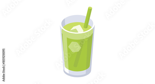 Refreshing melon soda in a tall glass with ice and straw, isolated on a clean white background