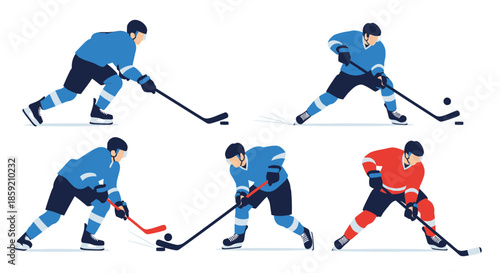 Dynamic set of flat vector illustrations showcasing various ice hockey players in action, performing key game movements like skating, shooting, and stickhandling, perfect for sports graphics