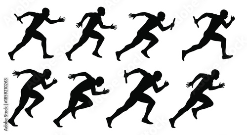 Silhouettes of a sprinter in motion, illustrating a sequence of running poses for athletic training or graphic design
