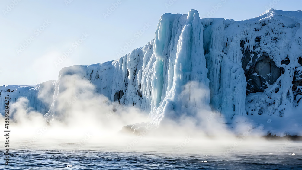 Fototapeta premium Ice Cliffs and Steam Over Cold Ocean