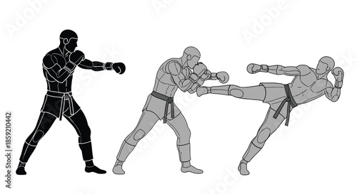 Dynamic Martial Arts Combat Poses: Punching, Blocking, and Kicking Action Illustration