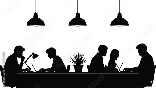 Silhouettes of diverse professional workers using laptops at long desk in modern coworking office space under pendant lights for productive team collaboration