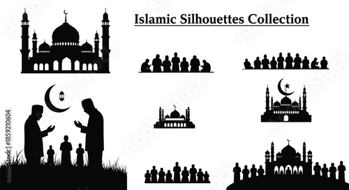 Islamic Silhouette Collection Mosques and Worshippers in Prayer and Meditation Poses
