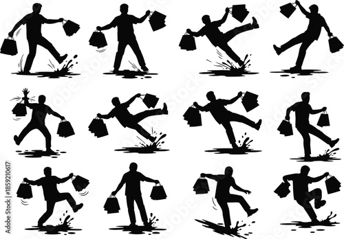 Shopping silhouette, puddle slip moment, black illustration, falling pose, humorous accident, wet surface, dynamic motion, urban mishap, expressive posture, rainy day