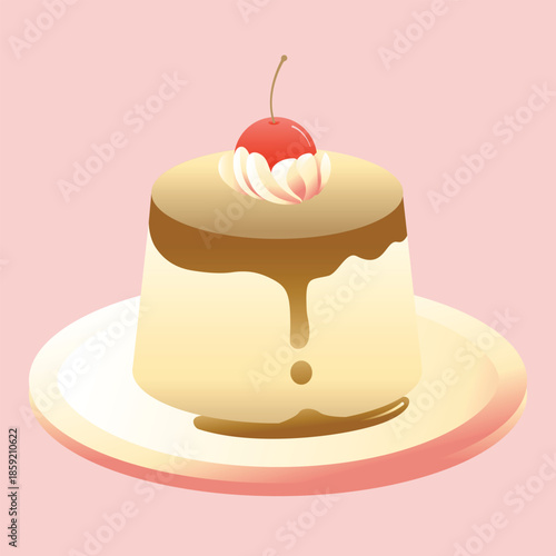 Pudding dessert topped with caramel sauce and cherry whipping cream.  Tasty meal and food in restaurant or cafe shop. Vector in flat style. Pudding on a pink background.