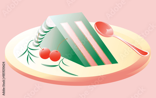 Illustration cartoon cute drawing of sweet dessert Cake slides with topping set cherry whipping cream isolated for bakery cafe teatime. Cake set vector isolated on a pink background.