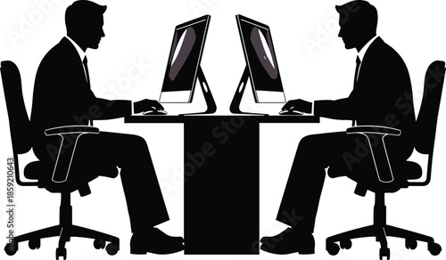 Two professional businessmen sitting at a modern office desk working on desktop computers in a corporate environment silhouette illustration for productivity concepts